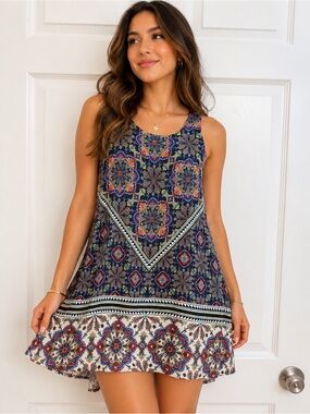 OOTD boho Navy mini dress Blue Floral-Print A-Line Skirt  Open Back Dress XS